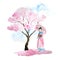 Watercolor hand drawn design illustration of pink cherry sakura tree in bloom blossom flowers, woman geisha in kimono