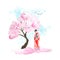 Watercolor hand drawn design illustration of pink cherry sakura tree in bloom blossom flowers, woman geisha in kimono