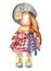 Watercolor hand drawn doll Tilda in dress. Hand drawn watercolor illustration . Design for baby shower party, birthday, cake,