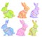 Watercolor hand drawn Easter bunnies rabbits in blue green pink orange pastel colors. Spring april celebration design