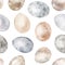 Watercolor hand drawn Easter seamless pattern with delicate illustration of different bird eggs, hen, quail eggs