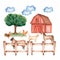 Watercolor hand drawn farm. Hand drawn animals and objects: barn. tree, clouds, grass, fence, hen,chicken,rooster,dog,sheep and