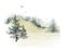 Watercolor hand drawn forest delicate illustration of coniferous trees spruce, pine, fir, foggy landscapes, silhouette