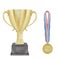 Watercolor hand drawn golden yellow sport prize cup and medal for winner, first place, victory isolated on white