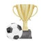 Watercolor hand drawn golden yellow sport prize cup with soccer ball for winner, first place, victory isolated on white