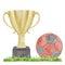 Watercolor hand drawn golden yellow sport prize cup with soccer ball for winner, first place, victory isolated on white