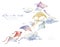 Watercolor hand drawn illustration of colorful sky kites toys in blue clouds. Vintage style delicate composition