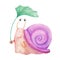 Watercolor hand drawn illustration. Cute character smiling colorful snail isolated painting on white background. For kids fashion,