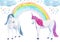 Watercolor hand drawn illustration with cute unicorns, rainbow and clouds