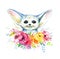 Watercolor hand drawn illustration of cute white fennec fox in colorful flowers for kids cards, prints, textile and posters