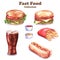 Watercolor hand-drawn illustration of different food: hamburger, cheeseburger, French fries, hot dog, cola, sauces