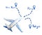 Watercolor hand drawn illustration of passenger airplane aircraft plane in blue colors. Geo location with destination