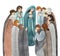 Watercolor hand-drawn illustration of praying people, the apostles in prayer, the Virgin Mary, thanksgiving to the Lord.