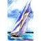 Watercolor hand drawn illustration, sailboat on the sea landscape background.