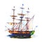 Watercolor hand drawn illustration, sailing ship, bark, military vessel with guns, reflection in water.