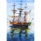 Watercolor hand drawn illustration, sailing ship, bark, military vessel with guns, reflection in water.