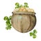 Watercolor hand drawn illustration, Saint Patrick holiday. Leprechaun pot, gold coins, lucky clover shamrock. Ireland