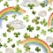 Watercolor hand drawn illustration, Saint Patrick holiday. Lucky clover shamrock, rainbow, clouds. Ireland tradition