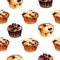 Watercolor hand drawn illustration seamless print with different flavor muffins isolated on white