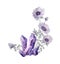 Watercolor hand drawn illustration of violet purple lavender gemstone crystals precious semiprecious minerals with