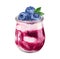 Watercolor hand-drawn illustration of white chocolate blueberry mousse yogurt with fruit jam and berries in a glass jar