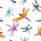 Watercolor hand drawn orange and blue colors dragonflies in seamless pattern on white background.