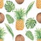 Watercolor hand drawn pineapple, coconut and tropical leaves Paper, exotic fruit seamless pattern,monstera endless print