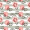 Watercolor hand drawn pink peony flowers seamless pattern, Florals repeat paper, garden florals and green stripes background.