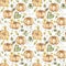 Watercolor hand drawn pumpkin and leaves seamless pattern. Autumn florals repeat paper. Beautiful textile print