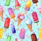 Watercolor hand drawn retro style multicolor ice cream seamless pattern