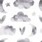 Watercolor hand-drawn seamless childish simple pattern for kids with cute clouds, hearts and stars in Scandinavian style