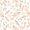 Watercolor hand drawn  seamless cotton bouquet with leaves branch  and arrow, feather pattern in soft neutral colors.Soft brown