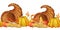 Watercolor hand drawn seamless horizontal border with cornucopia yellow pumpkings corn apple basket, fall autumn leaves