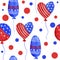 Watercolor hand drawn seamless patriotic american pattern with 4th of july balloons hearts hat flowers. Fourth of july