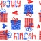 Watercolor hand drawn seamless patriotic american pattern with 4th of july balloons hearts hat flowers. Fourth of july