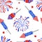 Watercolor hand drawn seamless patriotic american pattern with 4th of july balloons hearts hat flowers. Fourth of july
