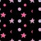 Watercolor hand drawn seamless pattern with abstract pink stars and moon isolated on black night background.