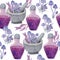 Watercolor hand drawn seamless pattern with apothecary potion brew purple witch forest herbs, leaves. Spooky horror