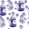 Watercolor hand drawn seamless pattern with apothecary potion brew purple witch forest herbs, leaves. Spooky horror