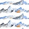 Watercolor hand drawn seamless pattern with blue winter mountain range peaks. Skiing outdoor activities tourism concept