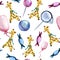 Watercolor hand drawn seamless pattern on a childrenâ€™s theme with giraffe, ball, balloon, butterfly net and candies on white