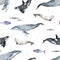 Watercolor hand drawn seamless pattern with colorful illustration of marine mammals humpback blue whale, orca, killer