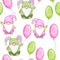 Watercolor hand drawn seamless pattern with Easter pink and green Scandinavian gnomes Easter eggs in pastel colors