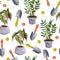 Watercolor hand drawn seamless pattern with gardenining spades shovel tools instruments and house flowers. Potted urban