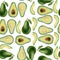 Watercolor hand drawn seamless pattern with green avocado, cut in half pieces. Healthy vegetarian food fresh guacamole