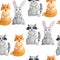 Watercolor hand drawn seamless pattern of grey hare bunny rabbit, racoon, orange fox. For nursery postcards wallpaper