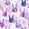 Watercolor hand drawn seamless pattern illustration easter rabbits bunnies silhouette contour of abstract space galaxy lilac viole