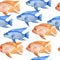Watercolor hand drawn seamless pattern illustration of red texas and electric blue cichlid fresh water fish. Acquarium fish tank