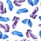 Watercolor hand drawn seamless pattern illustration set of violet purple blue gemstone crystals precious minerals