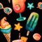 Watercolor hand drawn seamless pattern including cocktail with tube, ice cream, ice lolly, sunglasses, peach, orange and turquoise